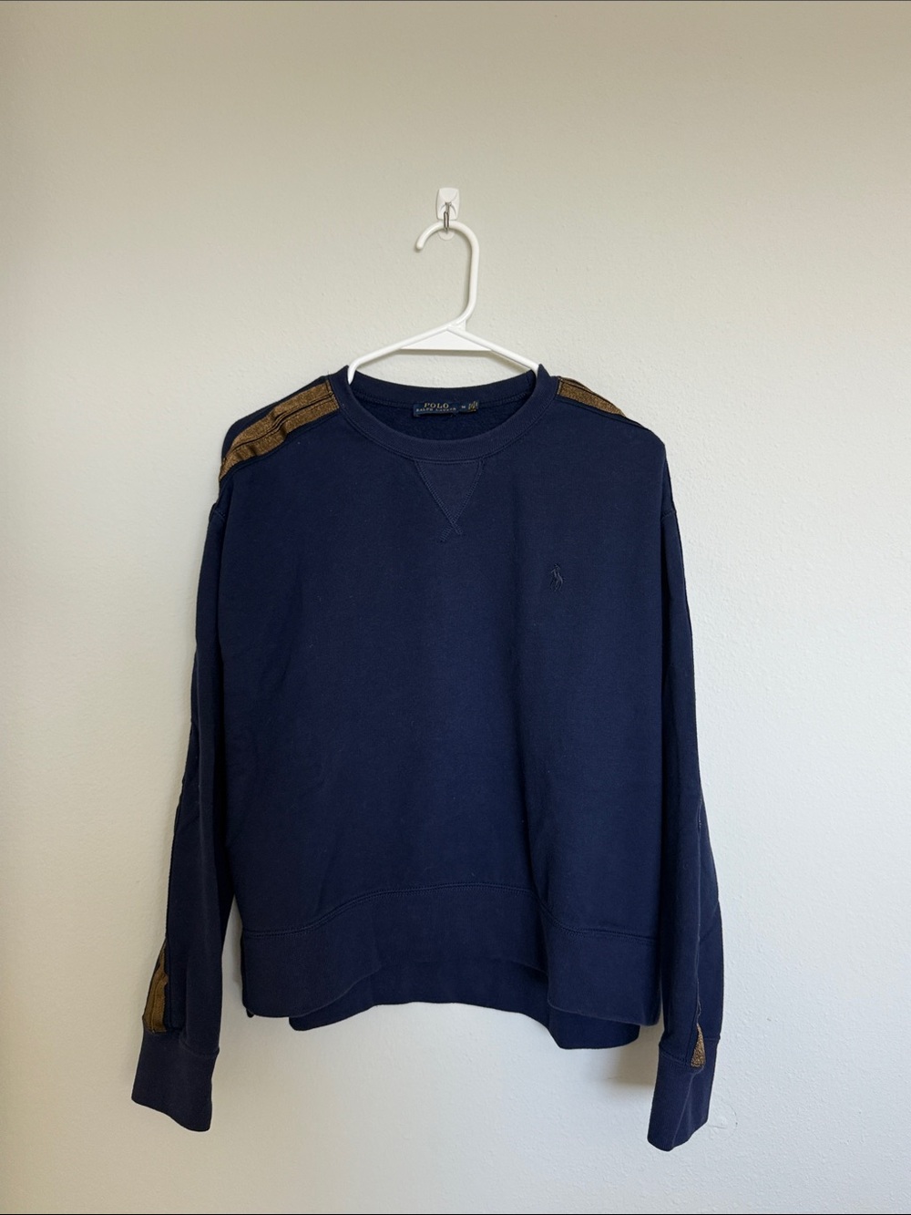 Ralph Lauren Navy Crewneck Sweater with Brown Sleeve Accent